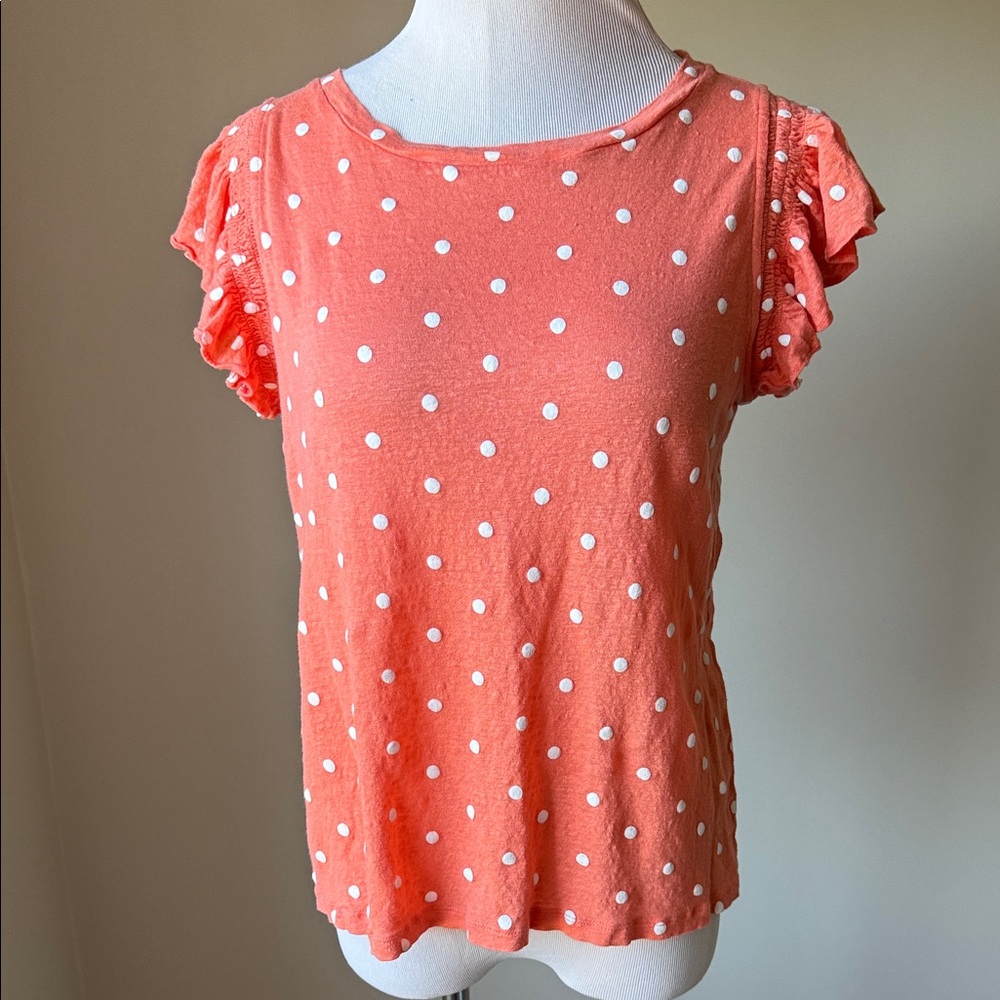 LOFT Orange and Cream Ruffle Flounce Sleeve Linen Top 🌼